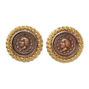 Vintage Patriotic Coin Clip On Earrings Colonial 13 Stars Female Cameo Tri-Tone